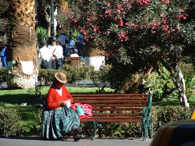 Assise sur un banc de la place d'Armes cette femme tricote …