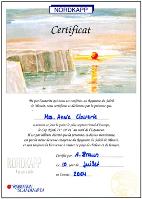 mon attestation de passage au Cap Nord