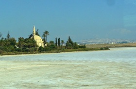 Mosqu&eacute;e Hala Sultan Tekk&eacute;,
en bordure d'un lac sal&eacute;