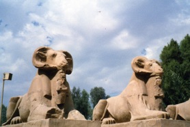 allée de 40 sphinx à tête de bélier avec entre les pattes le pharaon est protégé. allée de 40 sphinx à tête de bélier avec entre les pattes le pharaon est protégé.