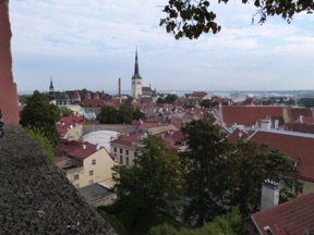 les toits de la vieille ville et au loin le clocher de l'Eglise Saint Olaf
